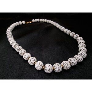 Vintage Monet White Filigree Beaded Necklace With Gold-Tone Accents